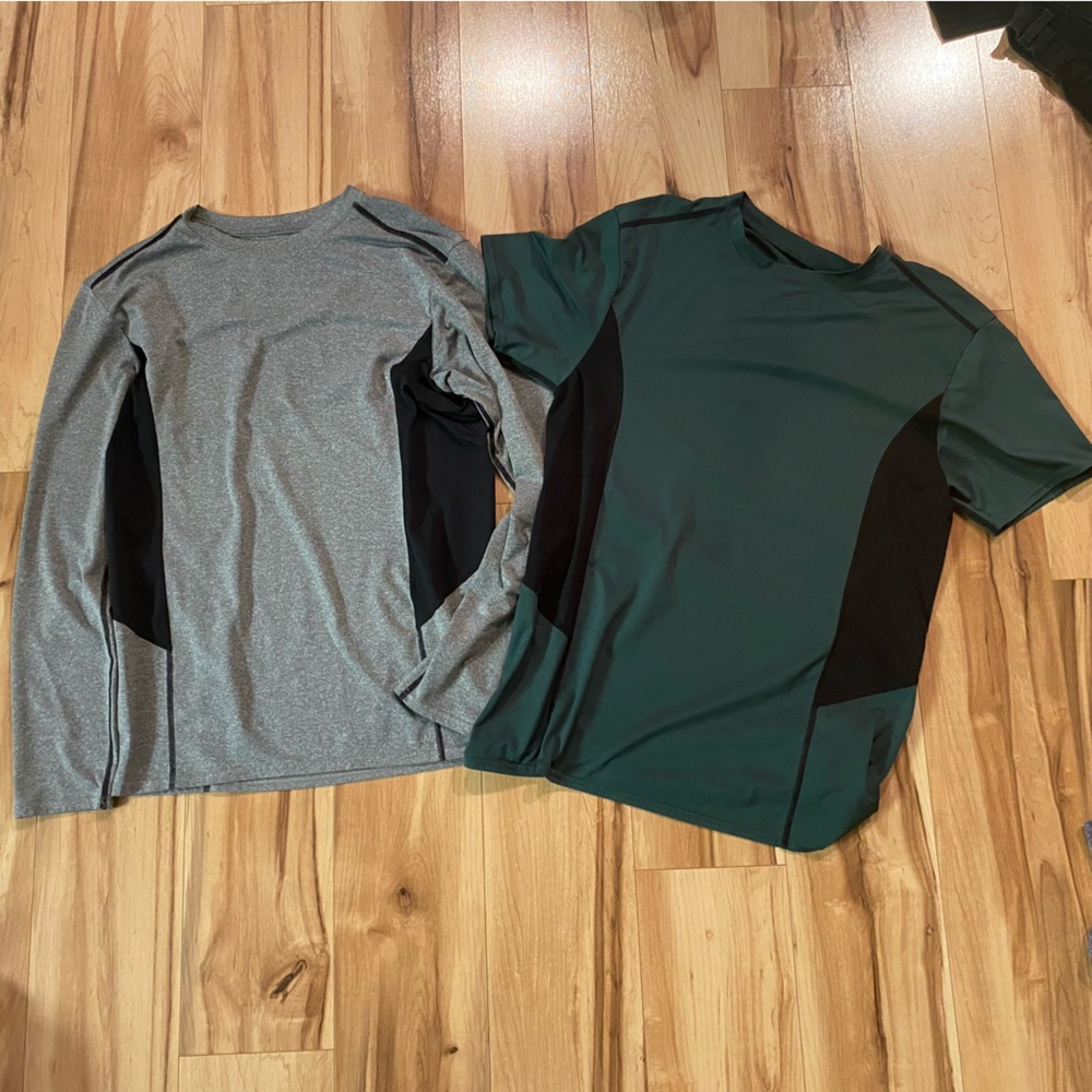 2 bcg Men's Performance Crew Neck Shirts- Green/Black & Gray/Black—S